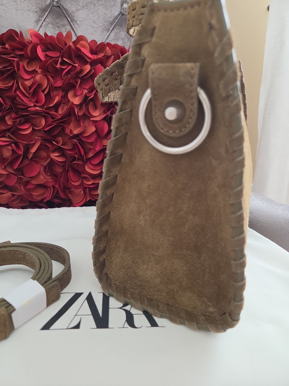 ZARA braided leather city bag Olive Green suede  (new without tags) - Picture 6 of 11